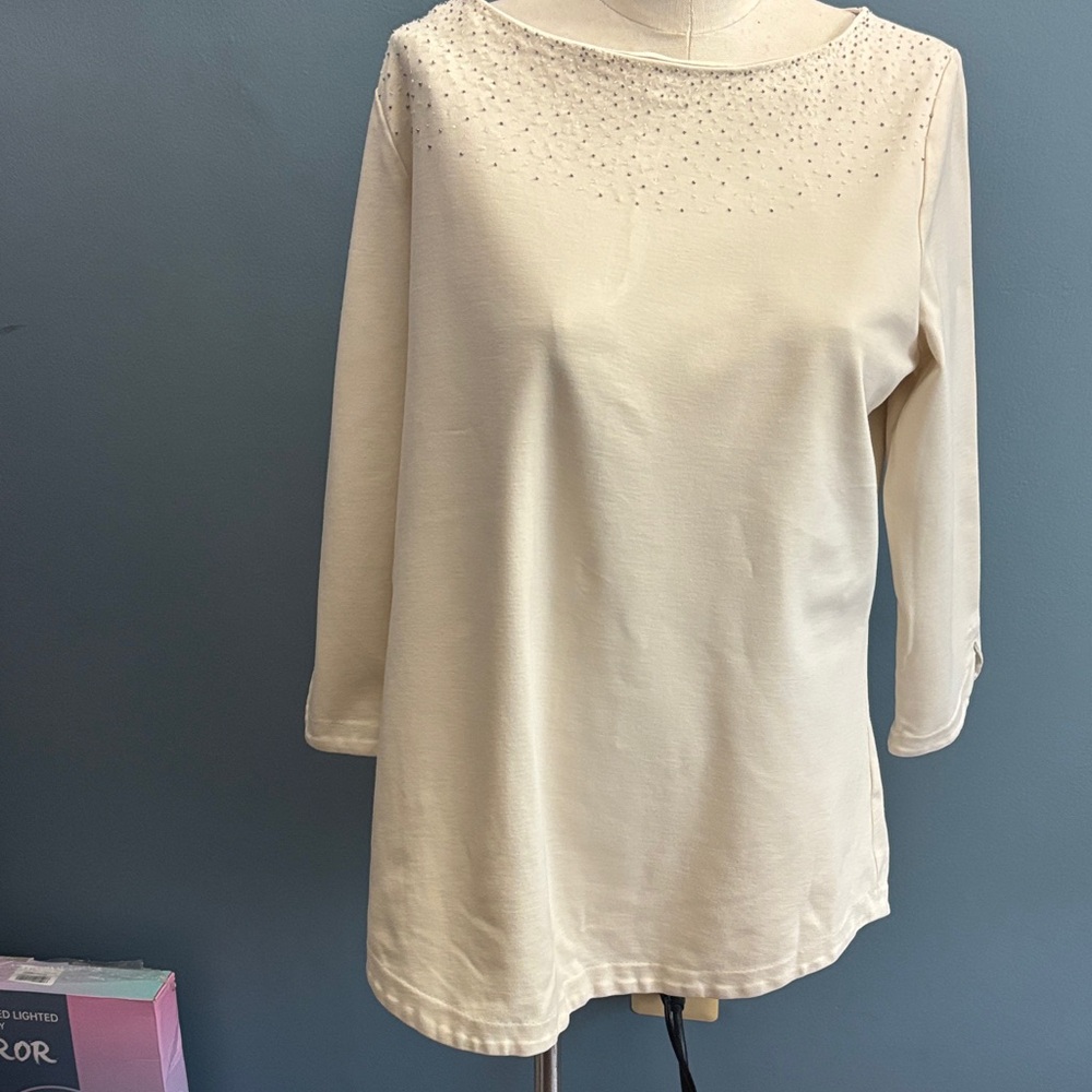 Lands' End Cream Tunic with Embellished Neckline
